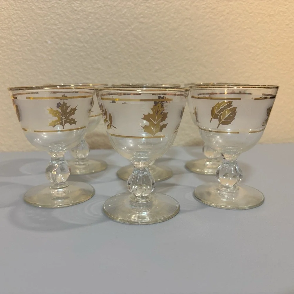 6 Libbey Gold Leaf MCM Frosted Cordial Glasses Set Barware Vintage Collectible